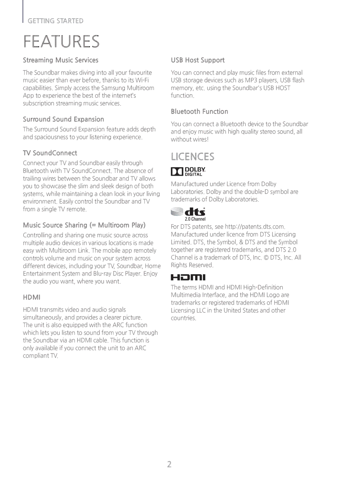 Samsung HW-J651/ZF, HW-J650/EN, HW-J651/EN, HW-J661/XE, HW-J660/XE, HW-J651/XN, HW-J650/XN manual Features, Licences 