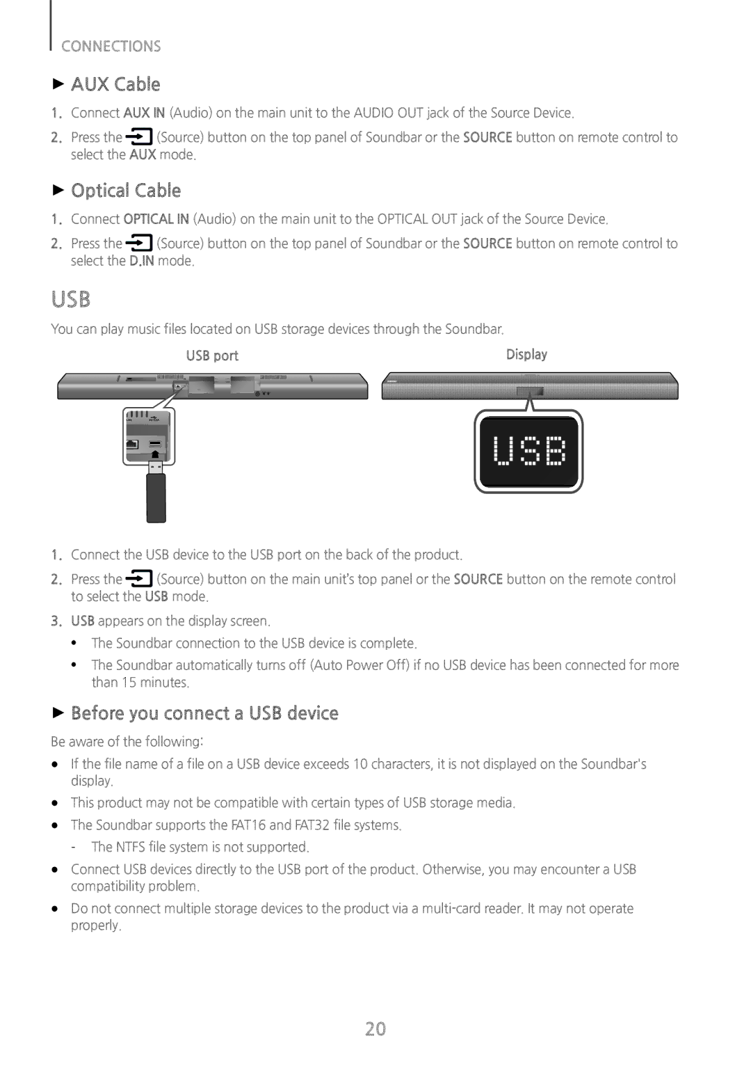 Samsung HW-J650/XN, HW-J650/EN, HW-J651/EN Usb, ++AUX Cable, ++Optical Cable, ++Before you connect a USB device, USB port 