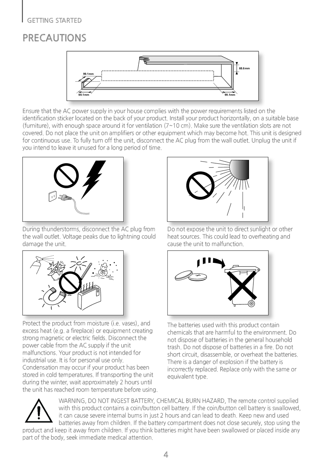 Samsung HW-J660/XE, HW-J650/EN, HW-J651/EN, HW-J651/ZF, HW-J661/XE, HW-J651/XN, HW-J650/XN manual Precautions 