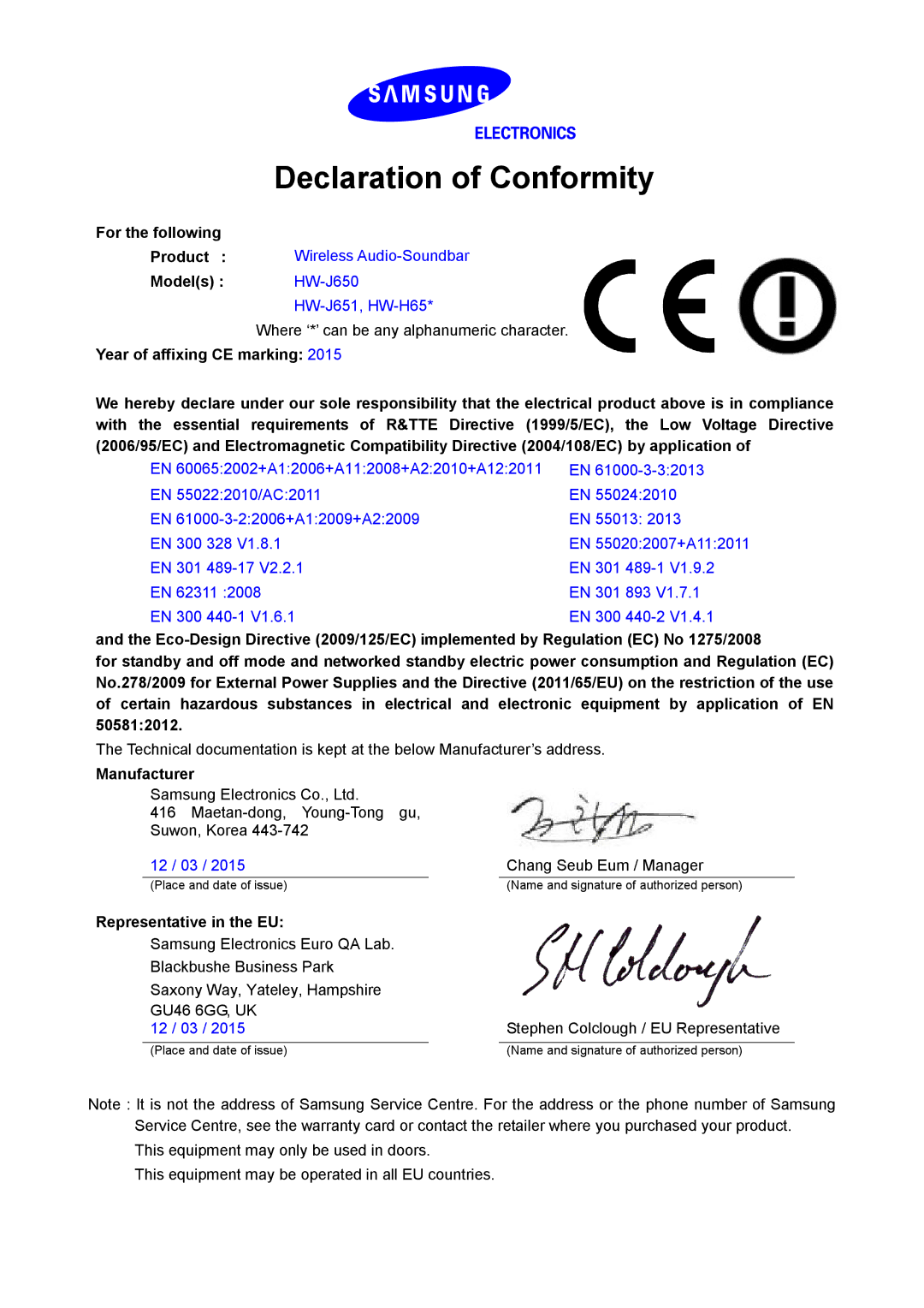 Samsung HW-J651/EN, HW-J650/EN manual Declaration of Conformity, For the following, Models HW-J650, Manufacturer 