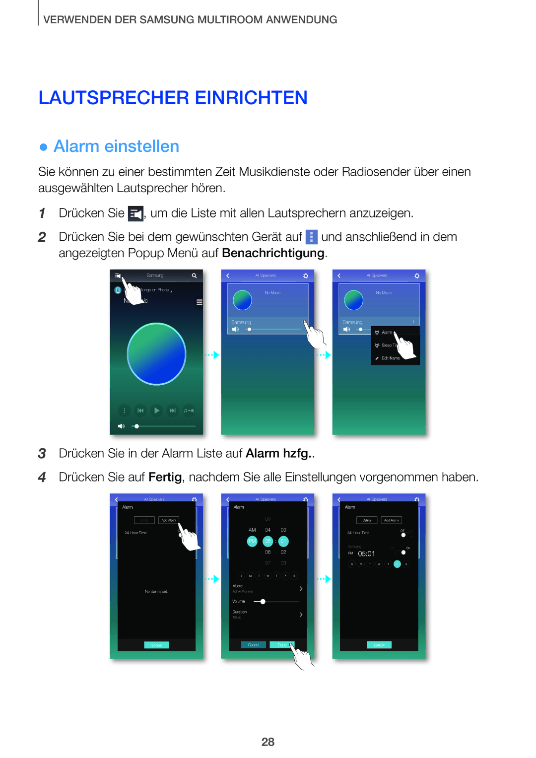 Samsung HW-J650/EN, HW-J651/EN manual Lautsprecher Einrichten, Alarm einstellen 