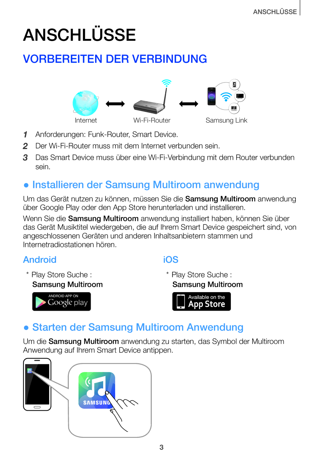 Samsung HW-J651/EN, HW-J650/EN manual Vorbereiten DER Verbindung, Installieren der Samsung Multiroom anwendung, AndroidiOS 