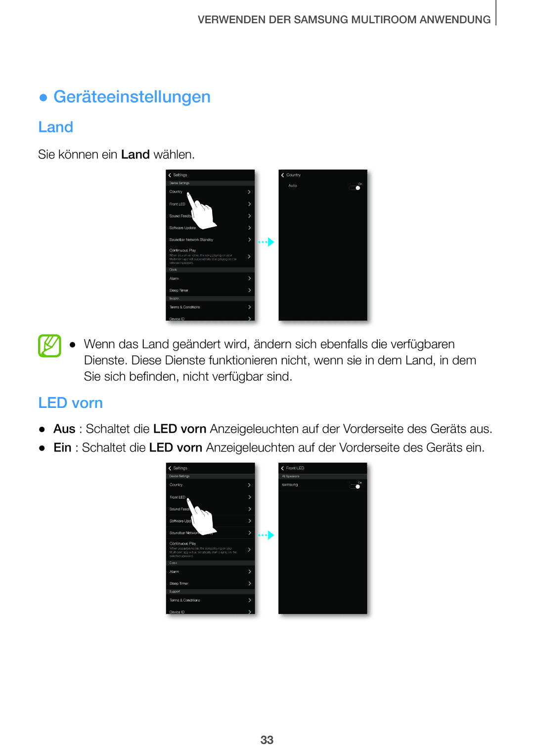 Samsung HW-J651/EN, HW-J650/EN manual Geräteeinstellungen, Land, LED vorn 