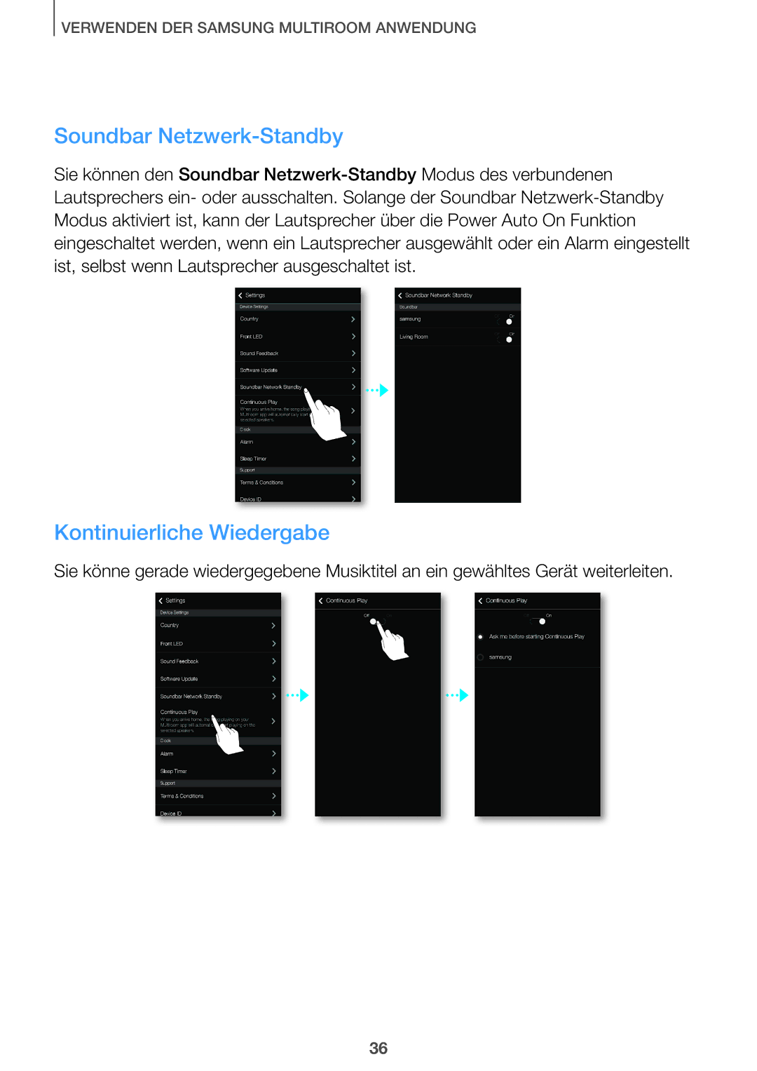 Samsung HW-J650/EN, HW-J651/EN manual Soundbar Netzwerk-Standby, Kontinuierliche Wiedergabe 