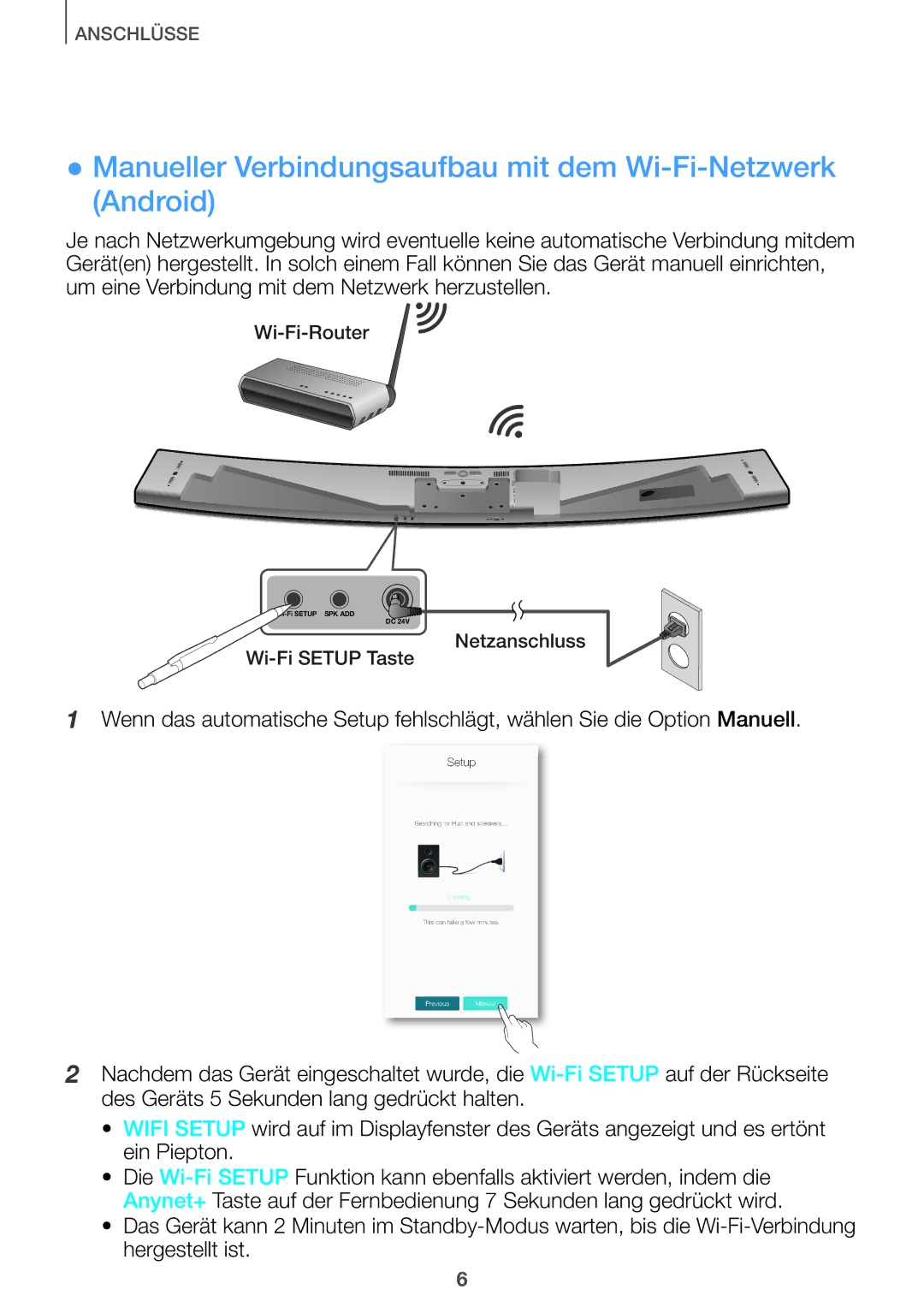 Samsung HW-J650/EN, HW-J651/EN manual Manueller Verbindungsaufbau mit dem Wi-Fi-Netzwerk Android 