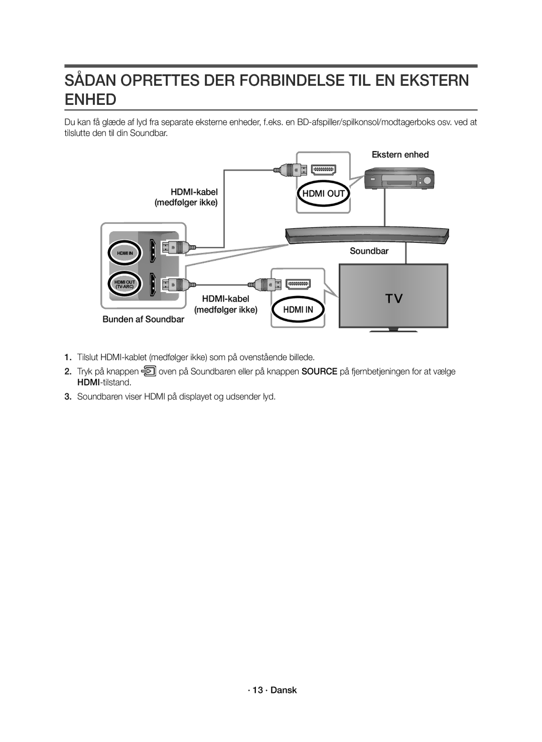 Samsung HW-J6511R/XE, HW-J6510R/XE manual Sådan Oprettes DER Forbindelse TIL EN Ekstern Enhed, Soundbar HDMI-kabel 