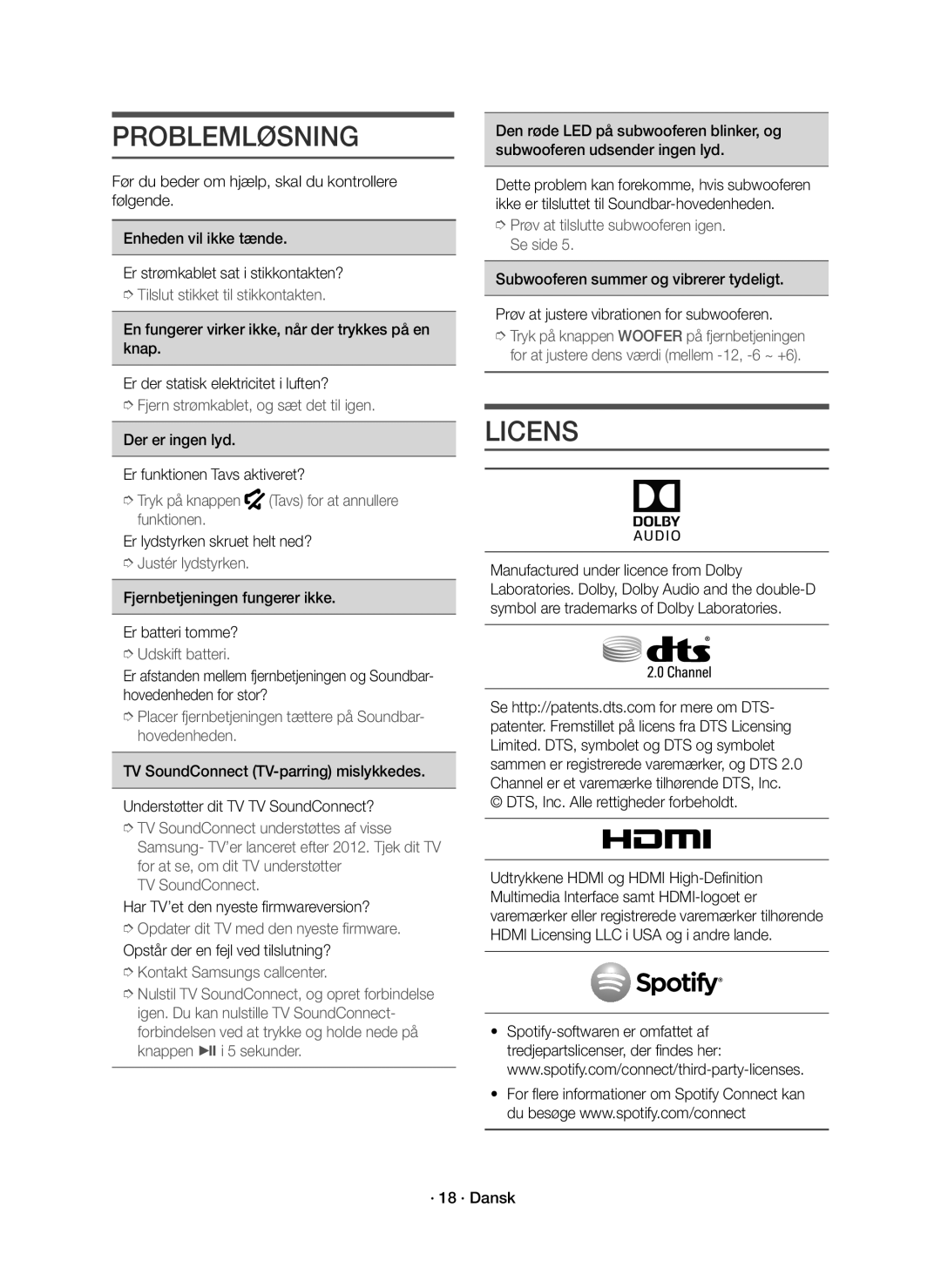 Samsung HW-J6510R/XE, HW-J6511R/XE manual Problemløsning, Licens 