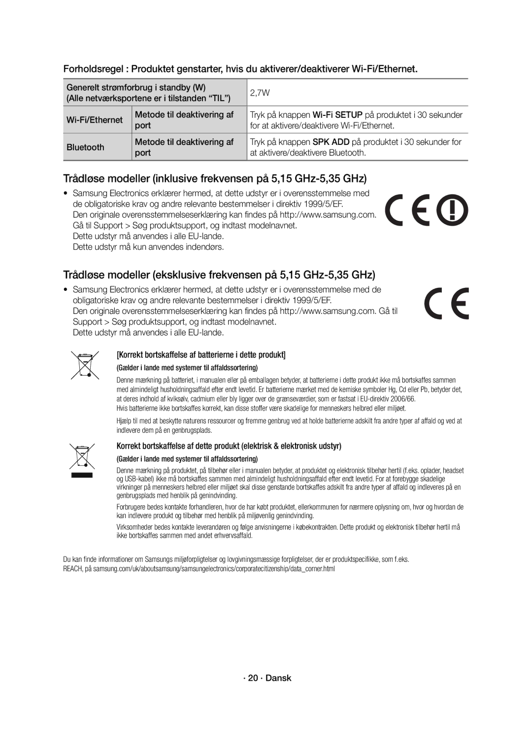 Samsung HW-J6510R/XE, HW-J6511R/XE manual Port At aktivere/deaktivere Bluetooth, · 20 · Dansk 