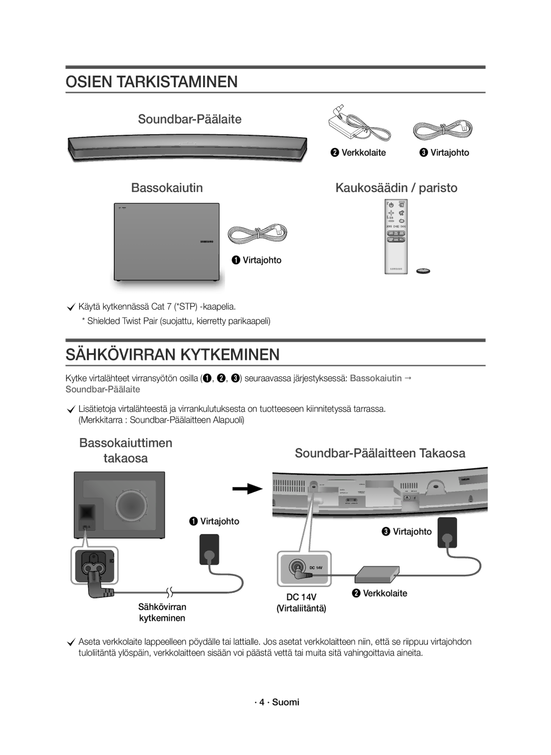 Samsung HW-J6511R/XE, HW-J6510R/XE manual Osien Tarkistaminen, Sähkövirran Kytkeminen, Soundbar-Päälaite, Takaosa 