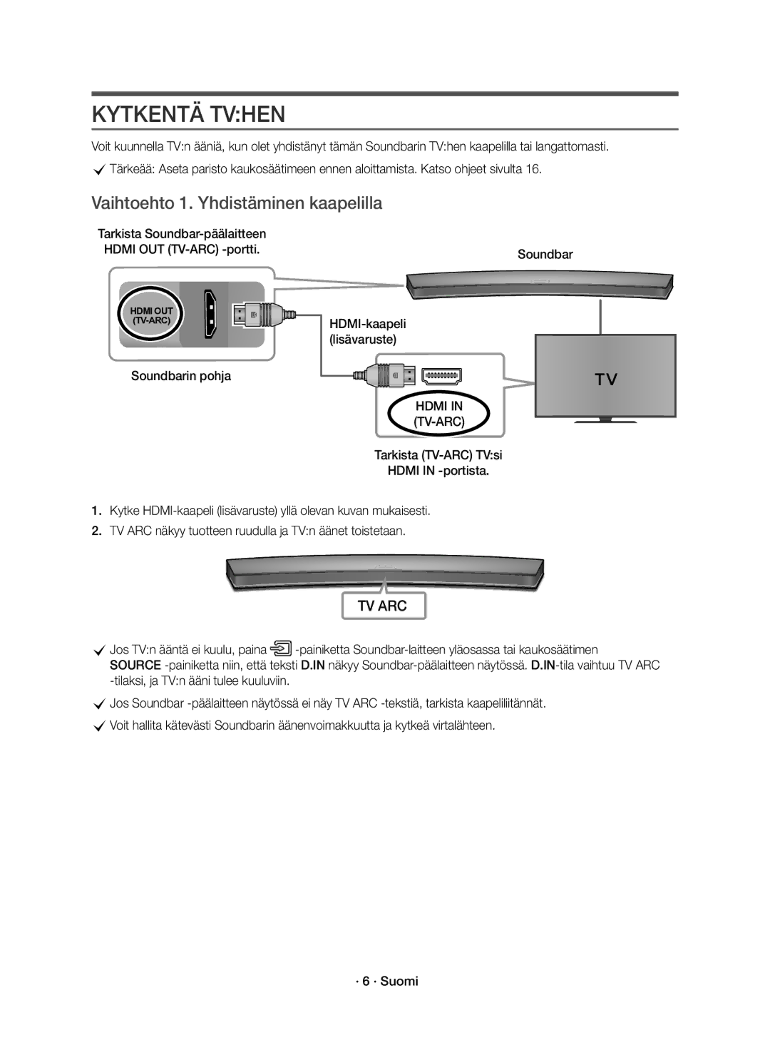 Samsung HW-J6511R/XE, HW-J6510R/XE manual Kytkentä Tvhen, Vaihtoehto 1. Yhdistäminen kaapelilla, Hdmi 