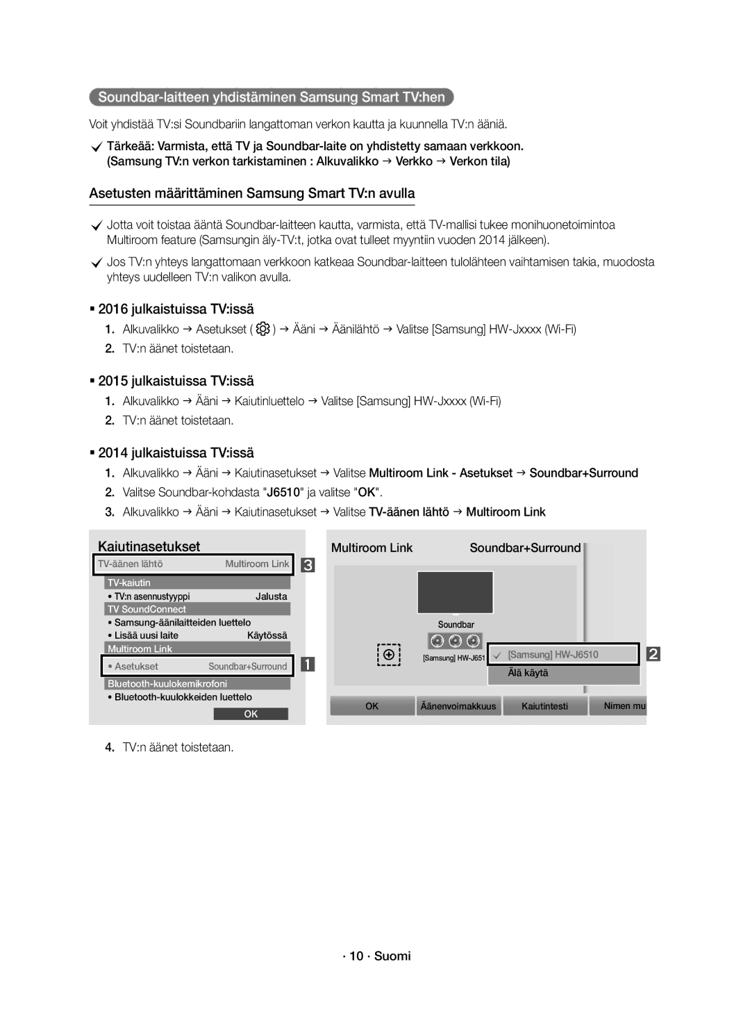 Samsung HW-J6511R/XE, HW-J6510R/XE Soundbar-laitteen yhdistäminen Samsung Smart TVhen, TVn äänet toistetaan · 10 · Suomi 