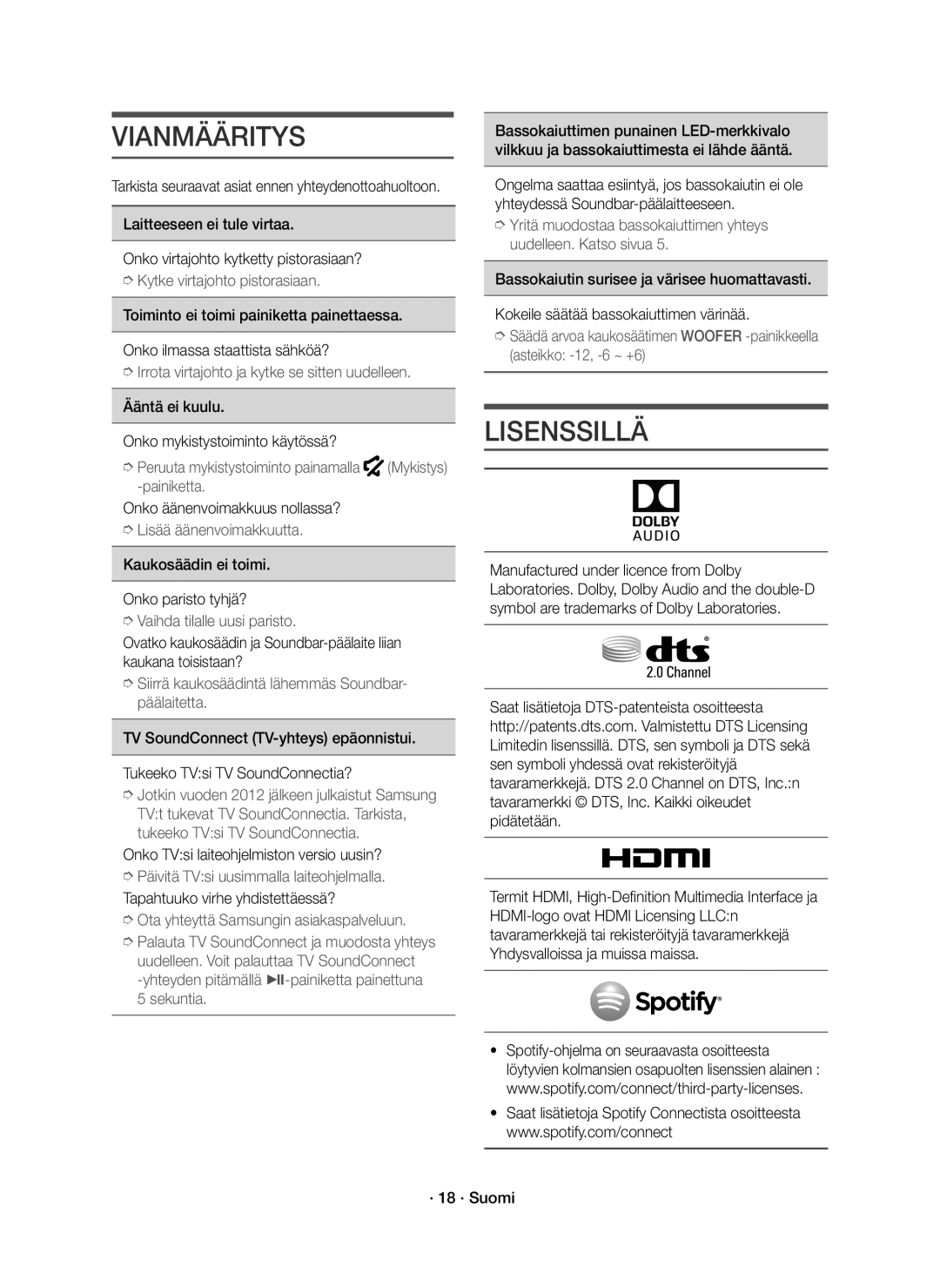 Samsung HW-J6511R/XE, HW-J6510R/XE manual Vianmääritys, Lisenssillä 