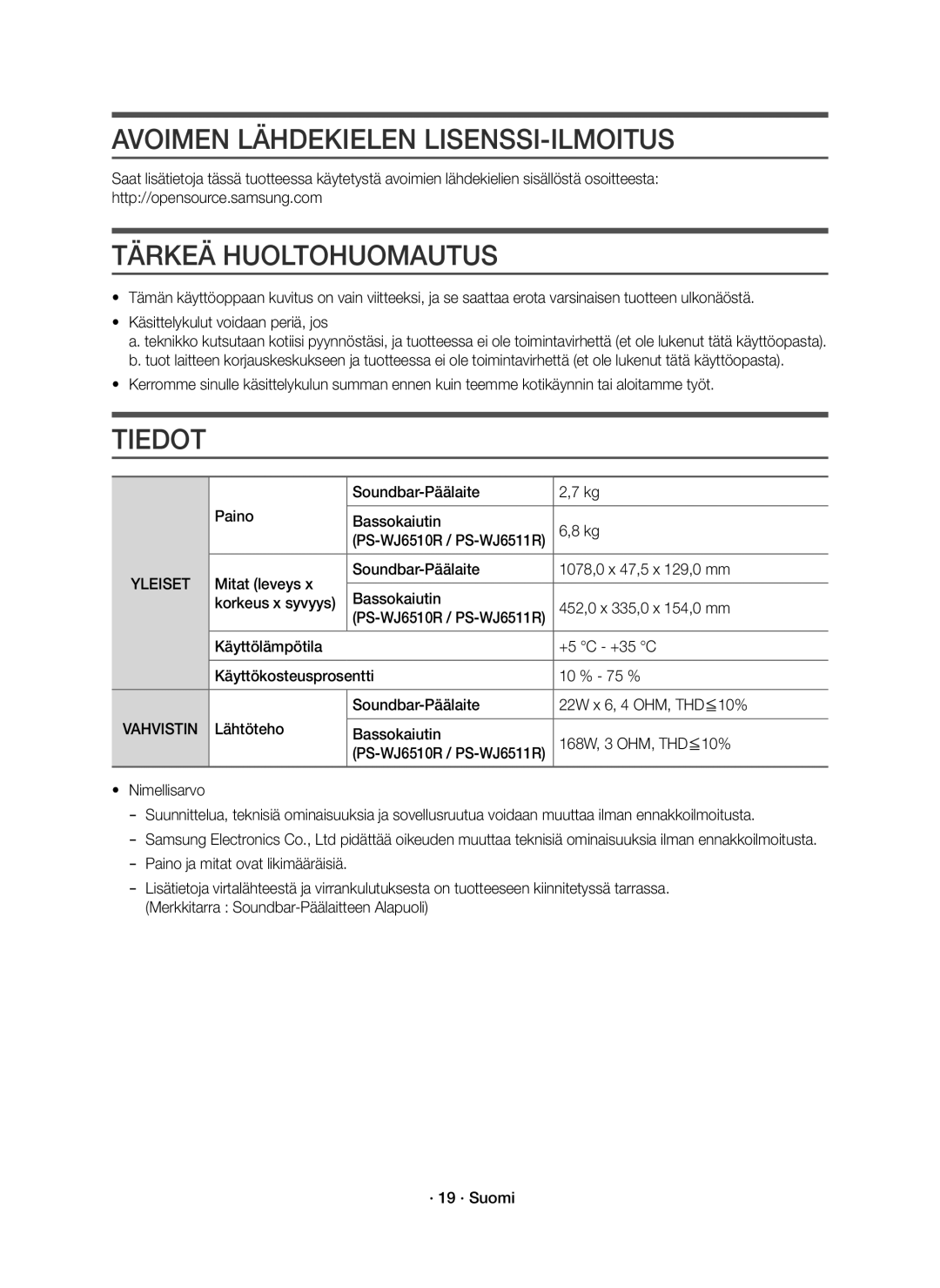 Samsung HW-J6510R/XE, HW-J6511R/XE manual Avoimen Lähdekielen LISENSSI-ILMOITUS, Tärkeä Huoltohuomautus, Tiedot 