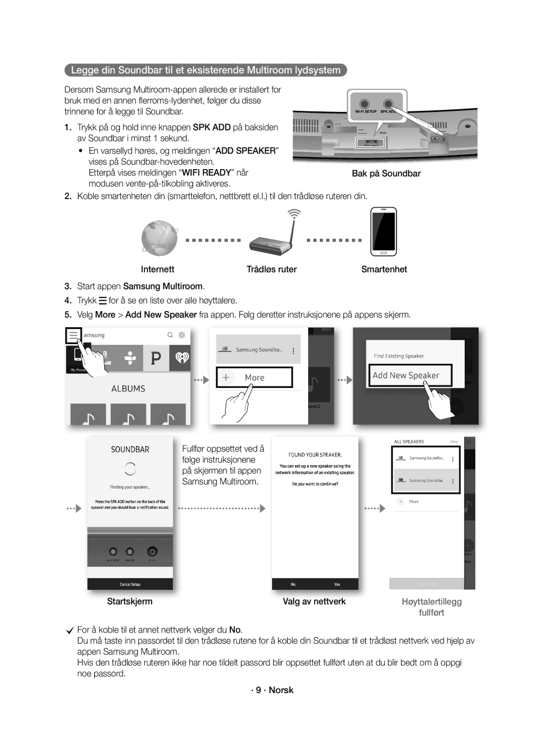 Samsung HW-J6511R/XE manual Legge din Soundbar til et eksisterende Multiroom lydsystem, Startskjerm Valg av nettverk 