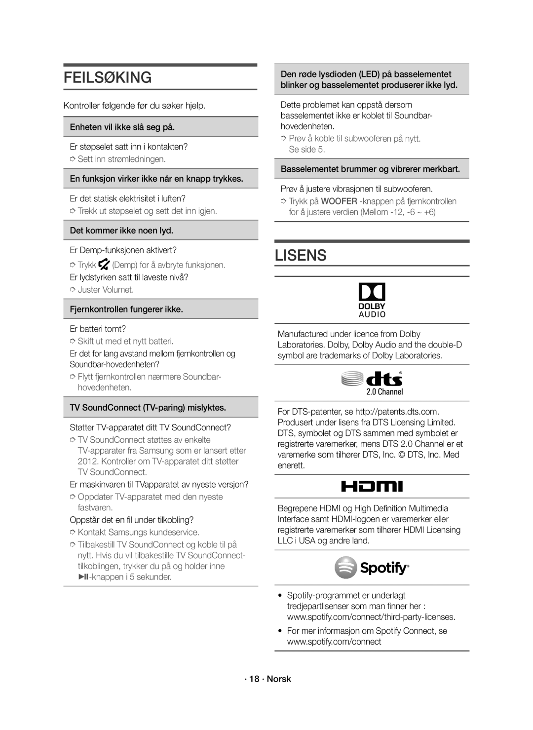 Samsung HW-J6510R/XE, HW-J6511R/XE manual Feilsøking, Lisens 