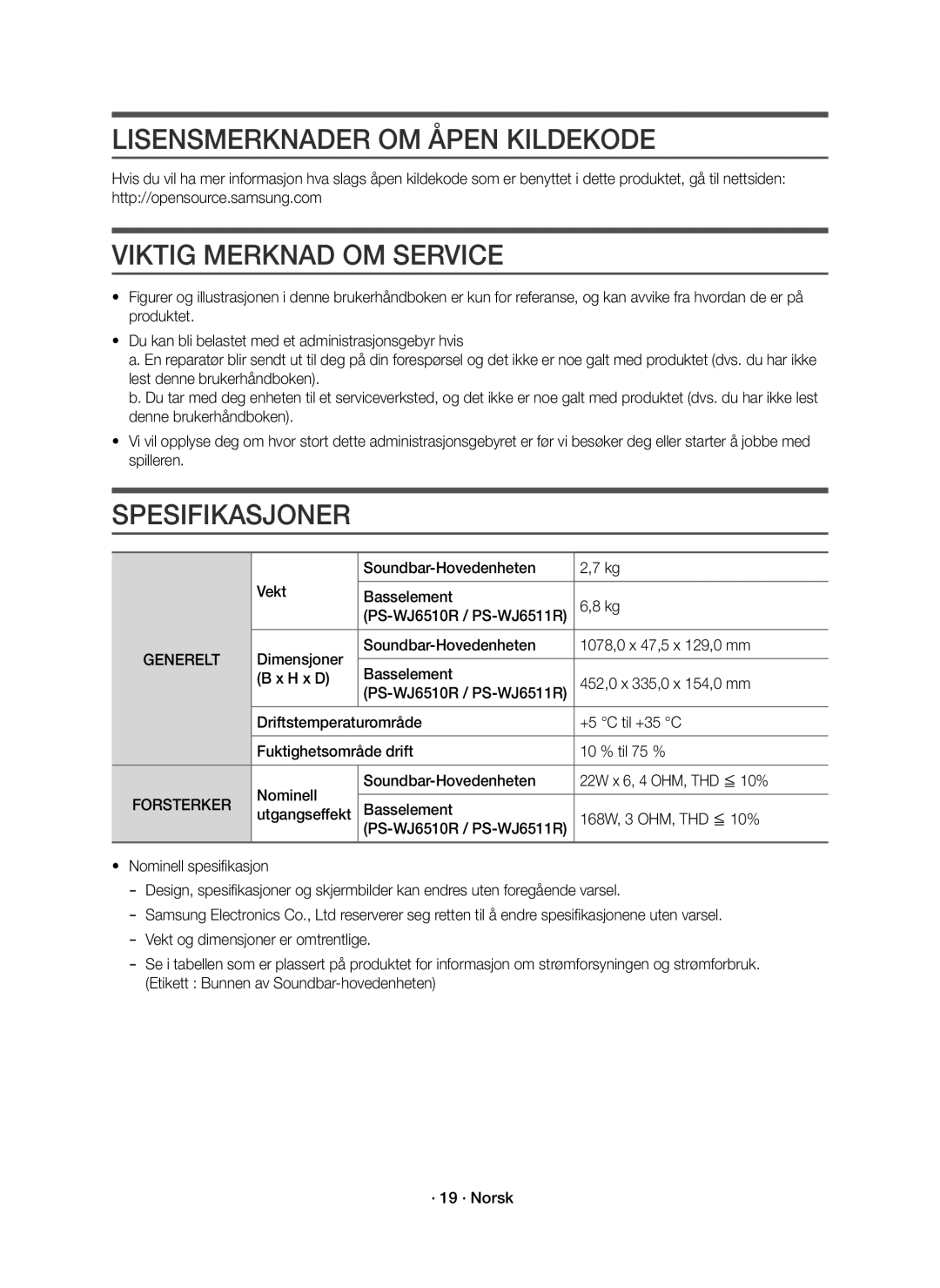 Samsung HW-J6511R/XE manual Lisensmerknader OM Åpen Kildekode, Viktig Merknad OM Service, Spesifikasjoner, Forsterker 