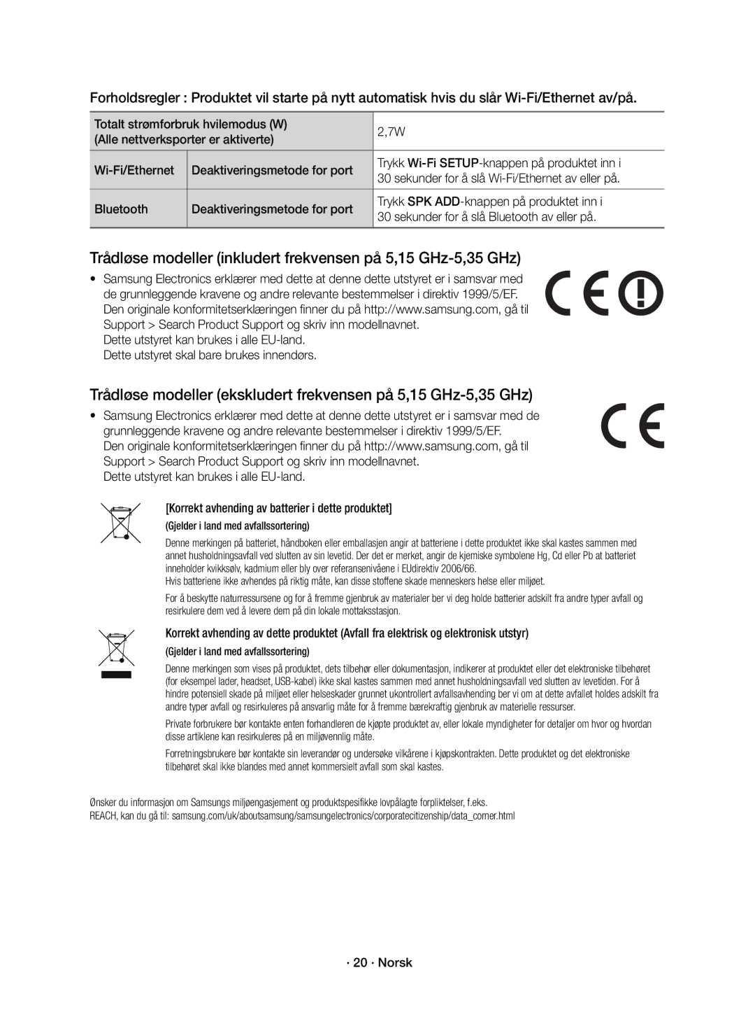 Samsung HW-J6510R/XE, HW-J6511R/XE manual · 20 · Norsk, Gjelder i land med avfallssortering 