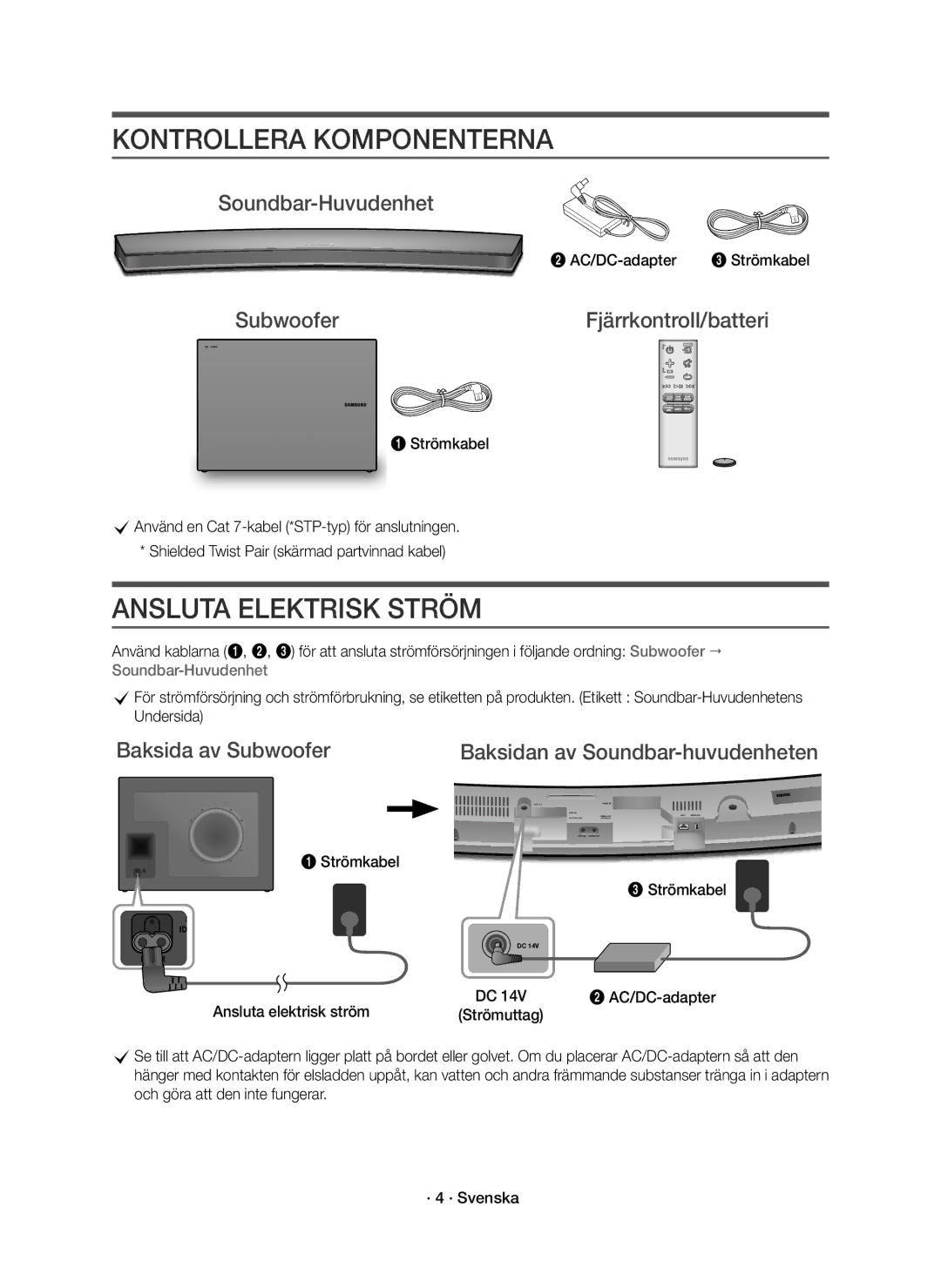 Samsung HW-J6511R/XE manual Kontrollera Komponenterna, Ansluta Elektrisk Ström, Soundbar-Huvudenhet, Baksida av Subwoofer 