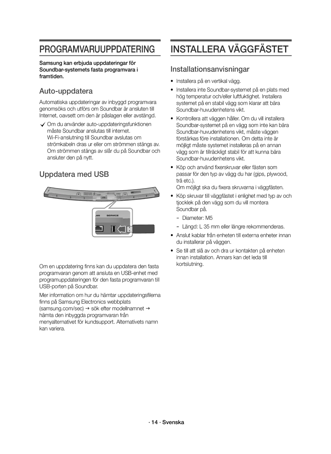 Samsung HW-J6511R/XE, HW-J6510R/XE manual Installera Väggfästet, Auto-uppdatera, Uppdatera med USB, Installationsanvisningar 