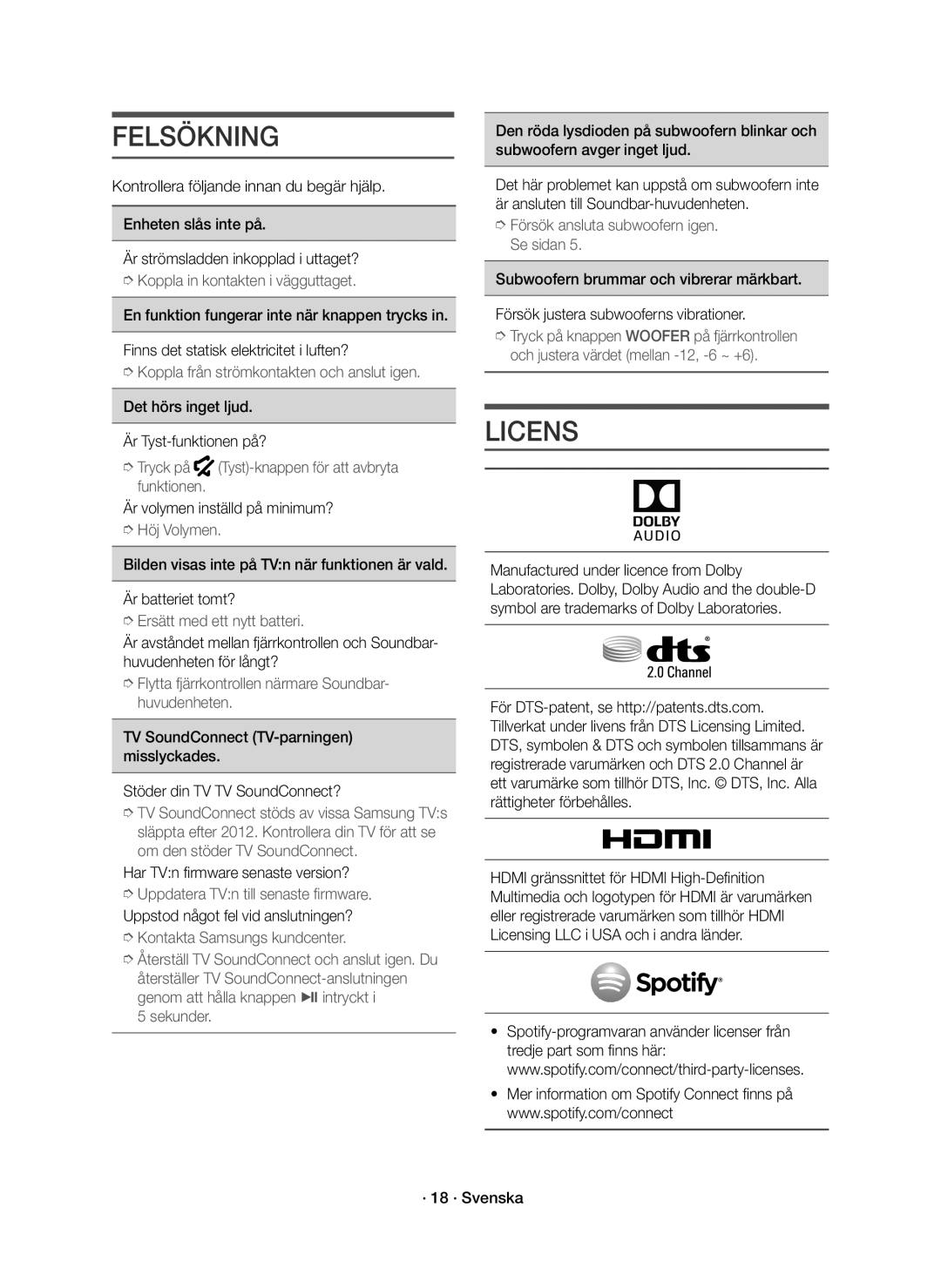 Samsung HW-J6511R/XE, HW-J6510R/XE Felsökning, Det hörs inget ljud Är Tyst-funktionen på?, Är volymen inställd på minimum? 