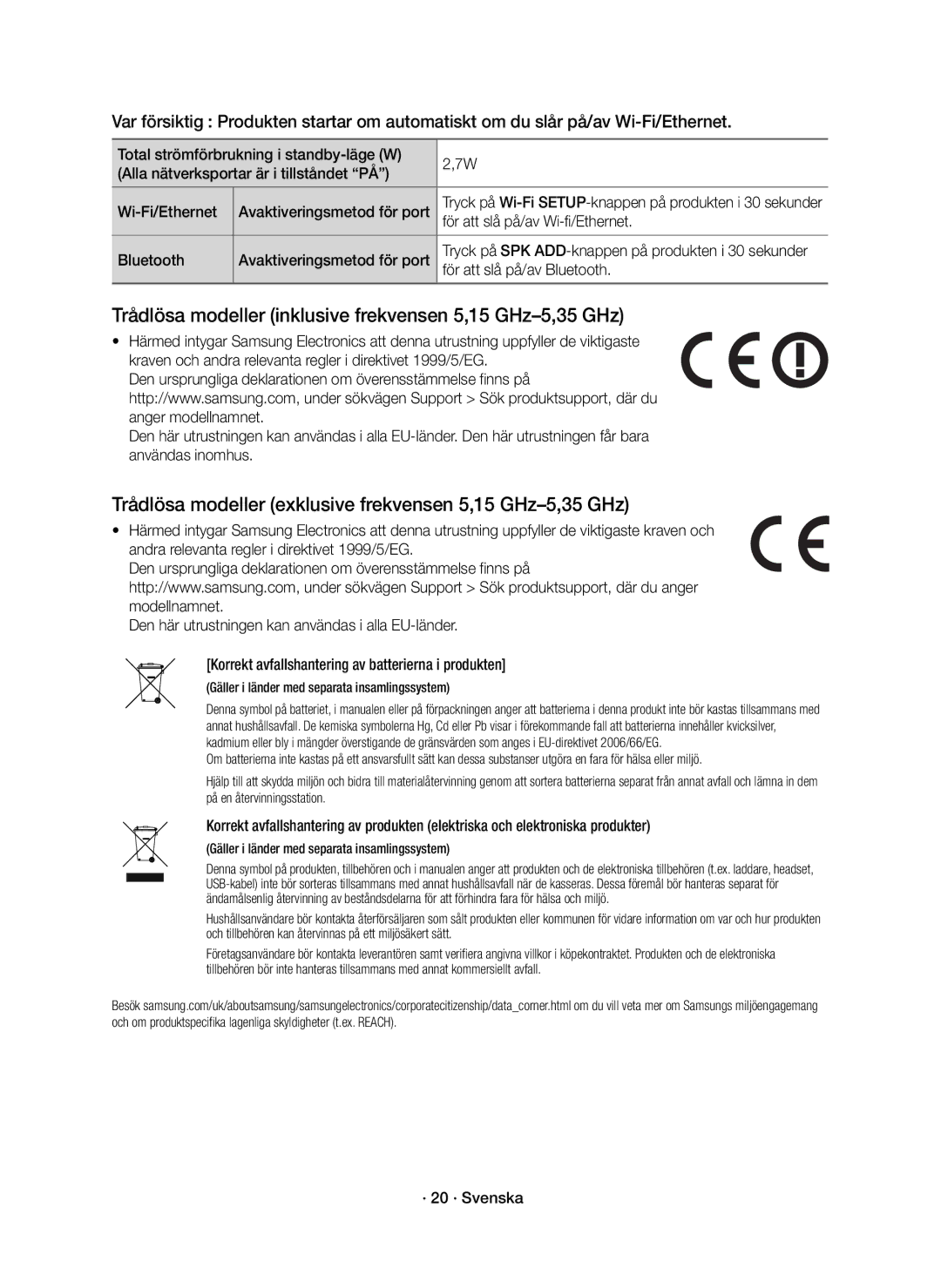 Samsung HW-J6511R/XE För att slå på/av Wi-fi/Ethernet, Bluetooth Avaktiveringsmetod för port, För att slå på/av Bluetooth 