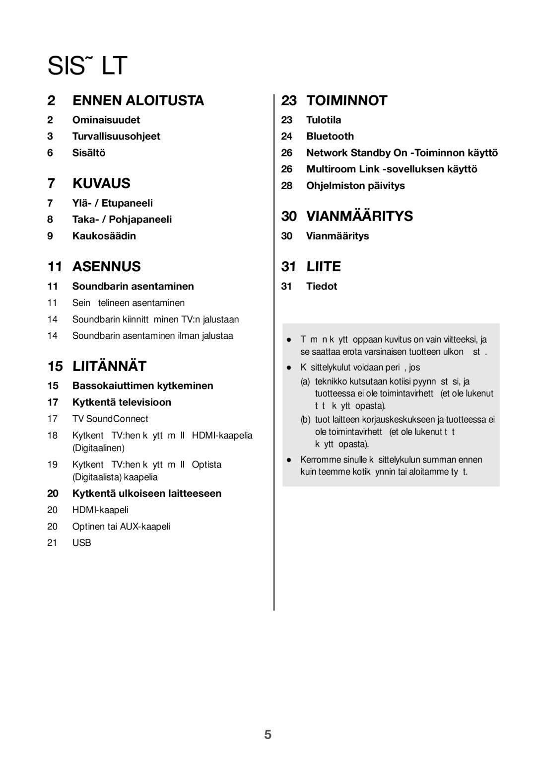 Samsung HW-J6510/XE, HW-J6511/XE manual Sisältö, HDMI-kaapeli Optinen tai AUX-kaapeli 21 USB 