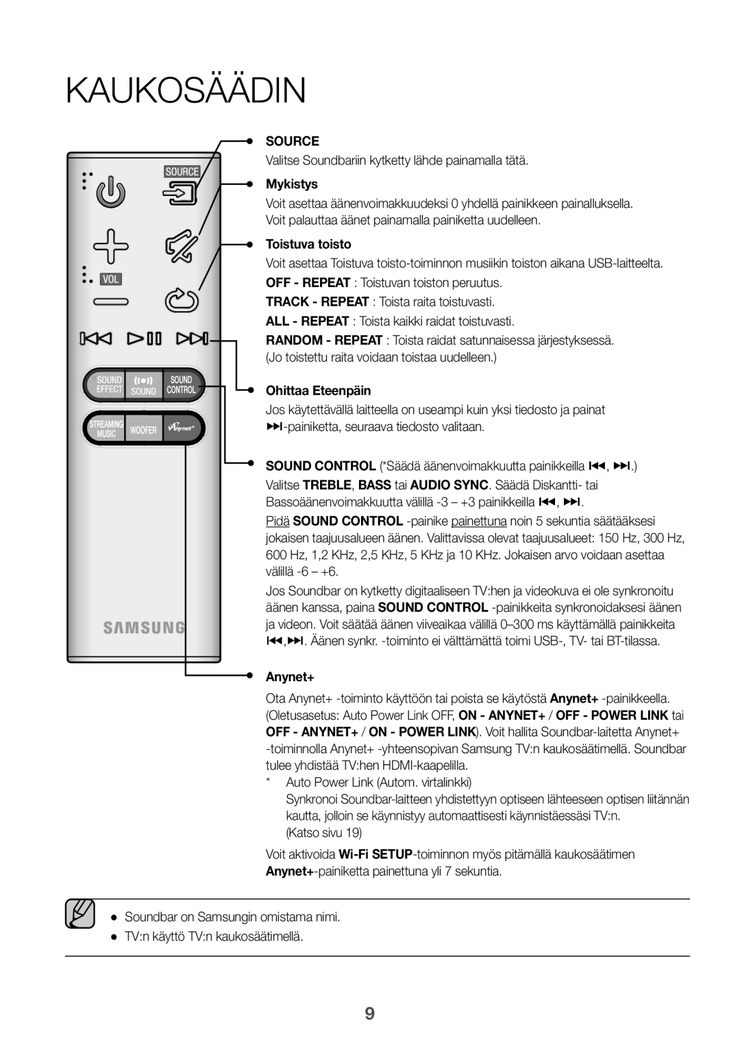 Samsung HW-J6510/XE, HW-J6511/XE manual Kaukosäädin, Mykistys, Toistuva toisto, Ohittaa Eteenpäin 