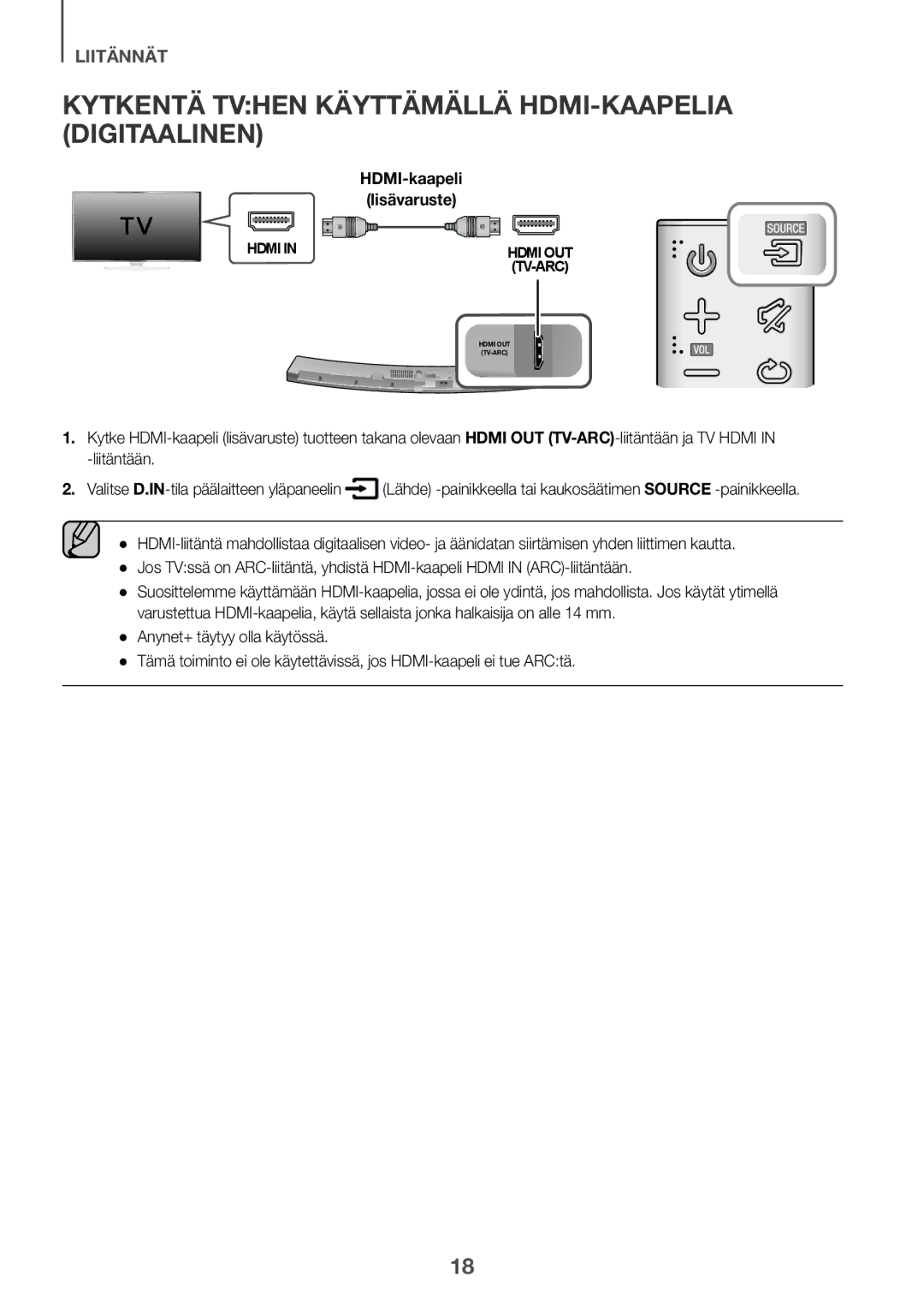 Samsung HW-J6511/XE, HW-J6510/XE manual Kytkentä Tvhen Käyttämällä HDMI-KAAPELIA Digitaalinen, HDMI-kaapeli Lisävaruste 