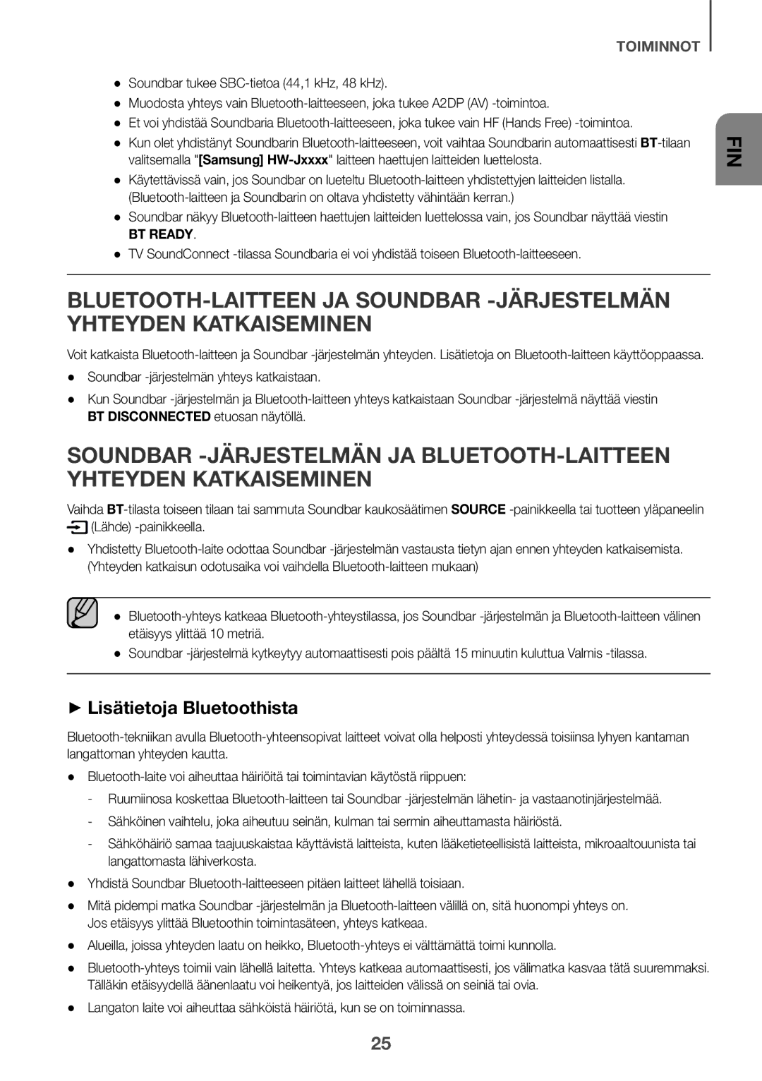 Samsung HW-J6510/XE, HW-J6511/XE manual ++Lisätietoja Bluetoothista 