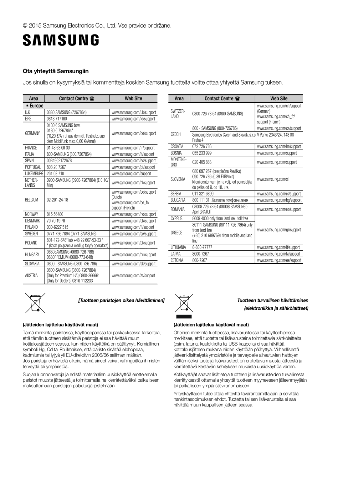 Samsung HW-J6511/XE, HW-J6510/XE manual Ota yhteyttä Samsungiin, Tuotteen paristojen oikea hävittäminen 