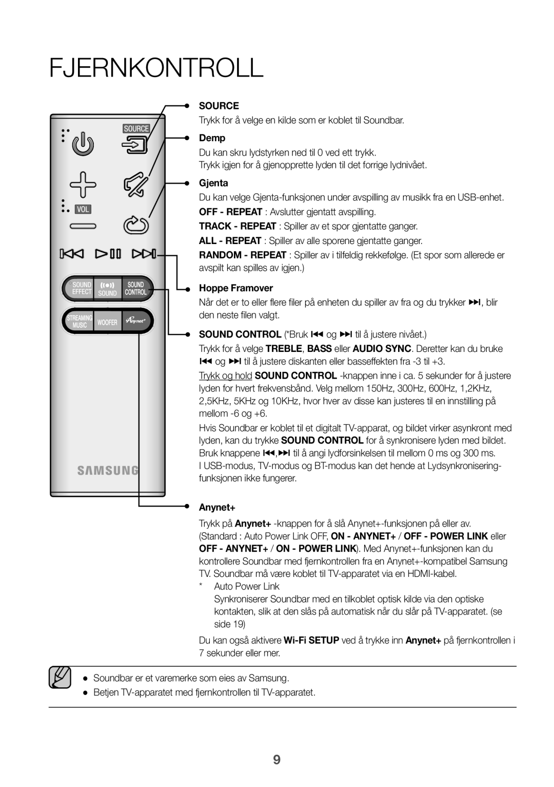 Samsung HW-J6510/XE Fjernkontroll, Trykk for å velge en kilde som er koblet til Soundbar, Demp, Gjenta, Hoppe Framover 