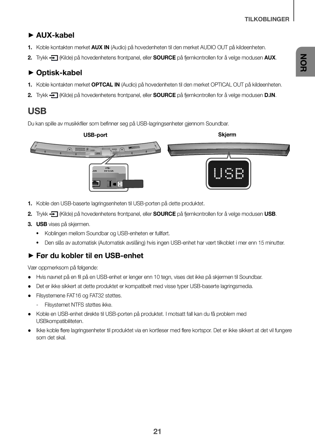 Samsung HW-J6510/XE, HW-J6511/XE manual ++Optisk-kabel, ++Før du kobler til en USB-enhet, Vær oppmerksom på følgende 