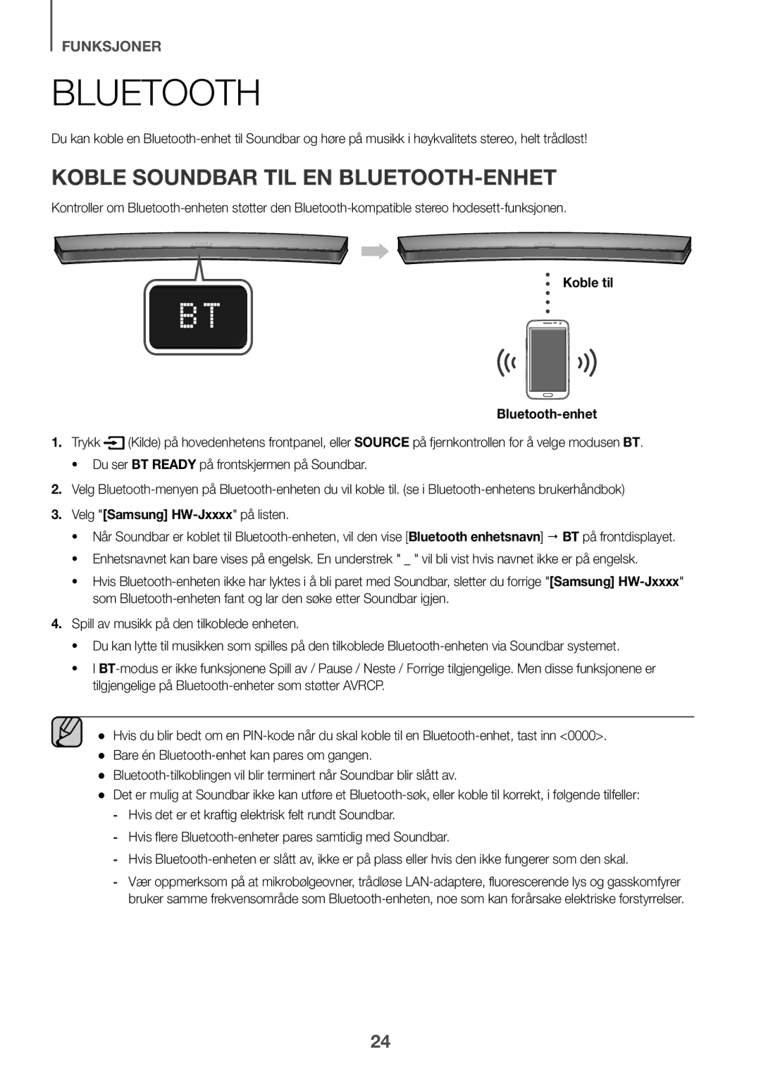 Samsung HW-J6511/XE, HW-J6510/XE manual Koble Soundbar TIL EN BLUETOOTH-ENHET, Koble til Bluetooth-enhet 