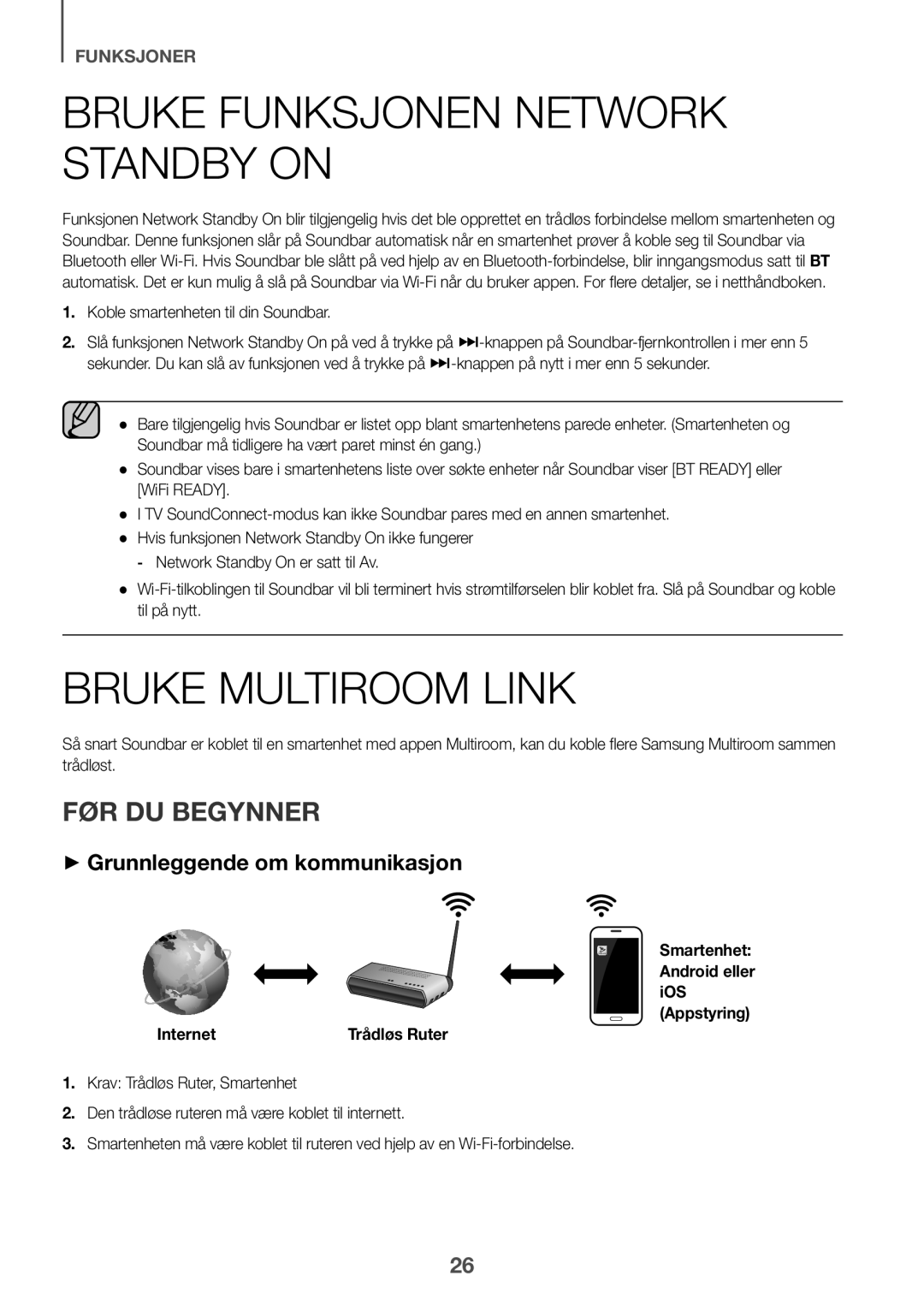 Samsung HW-J6511/XE, HW-J6510/XE manual Bruke Funksjonen Network Standby on, Bruke Multiroom Link, FØR DU Begynner 