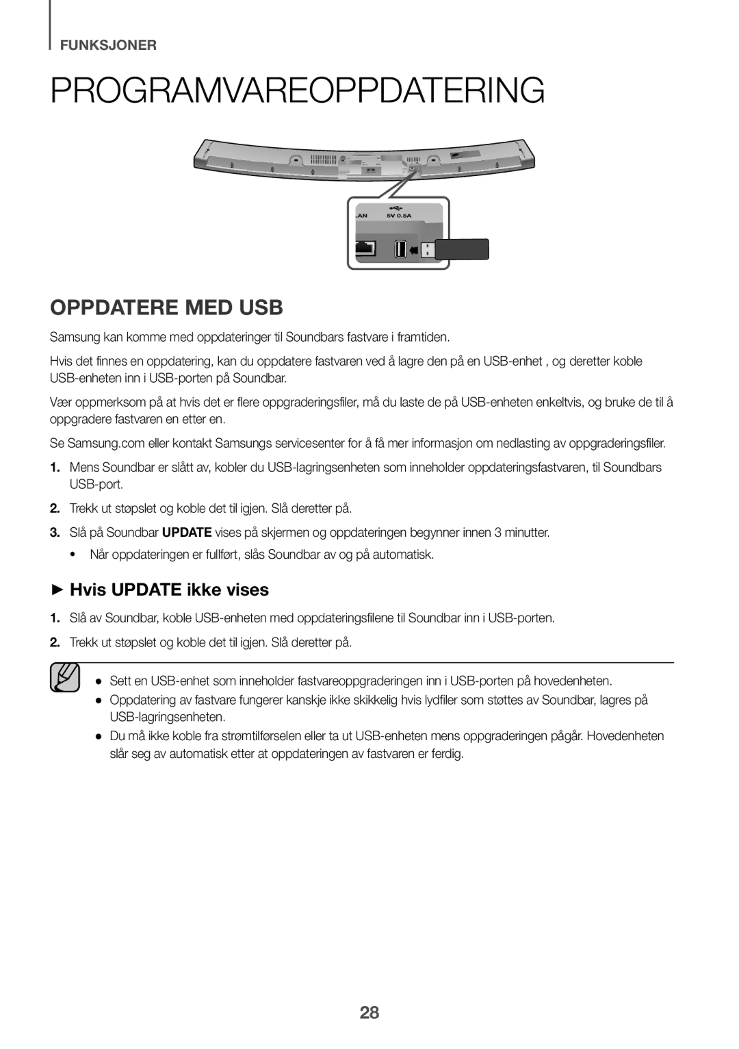 Samsung HW-J6511/XE, HW-J6510/XE manual Programvareoppdatering, Oppdatere MED USB 