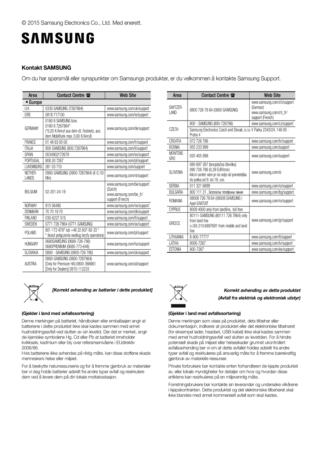 Samsung HW-J6511/XE, HW-J6510/XE manual Korrekt avhending av batterier i dette produktet 