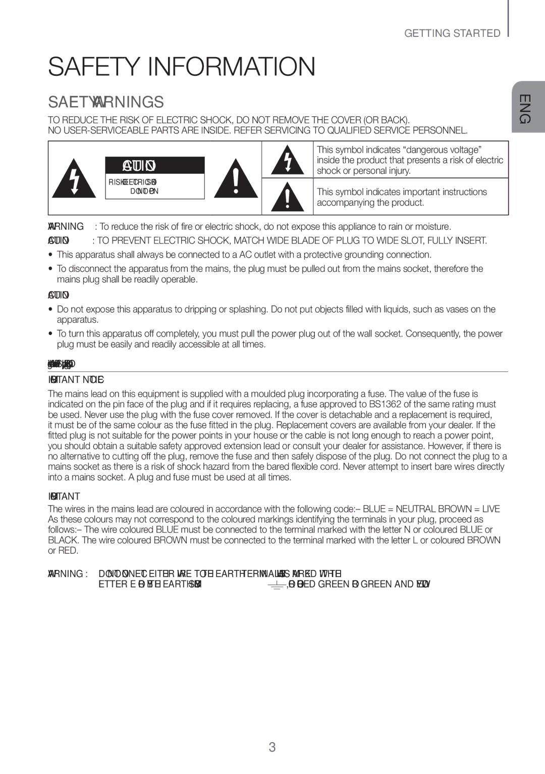 Samsung HW-J6510/XE, HW-J6511/XE manual Safety Information, Safety Warnings, Wiring the Main Power Supply Plug UK Only 