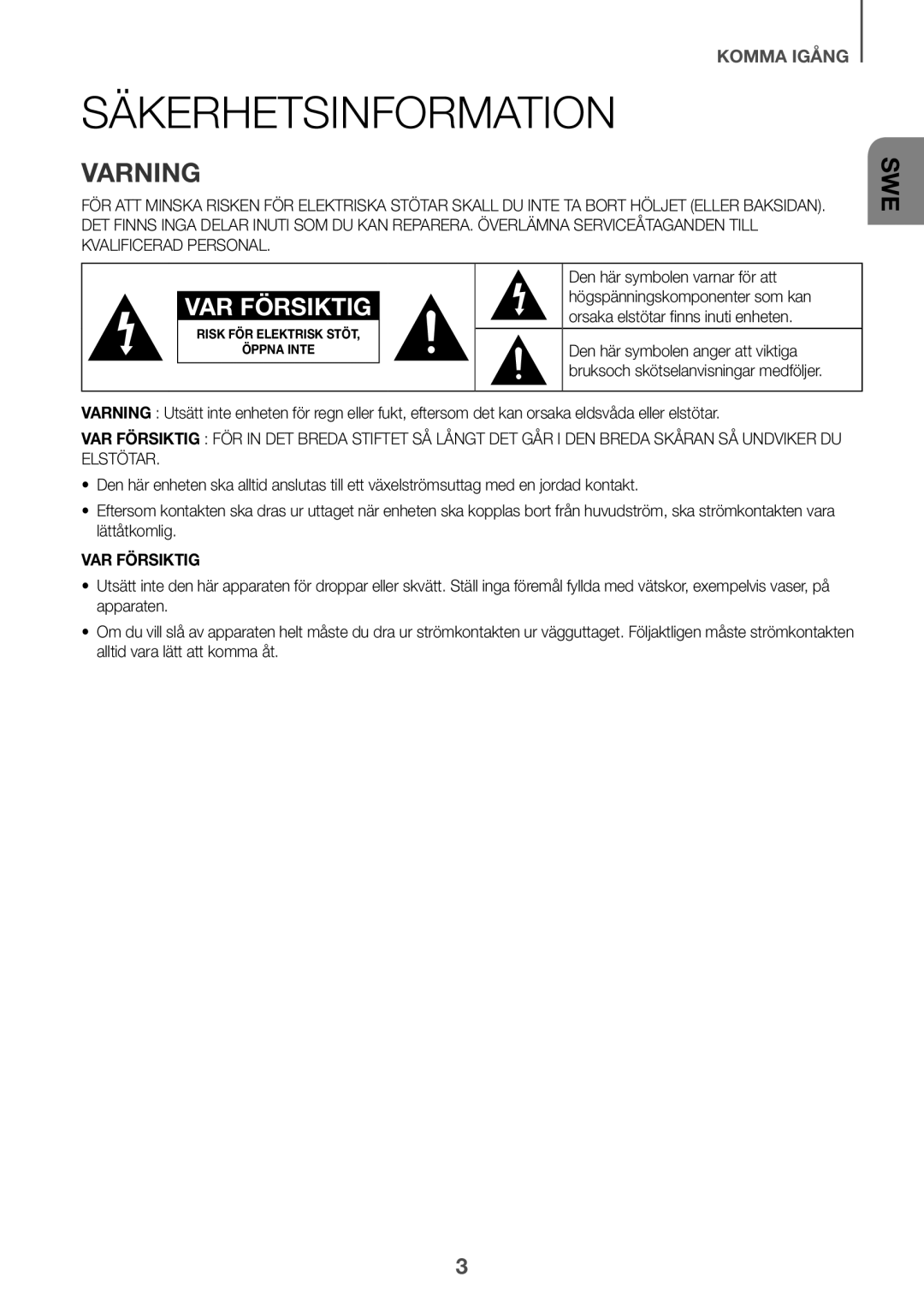 Samsung HW-J6510/XE, HW-J6511/XE manual Säkerhetsinformation, Varning 