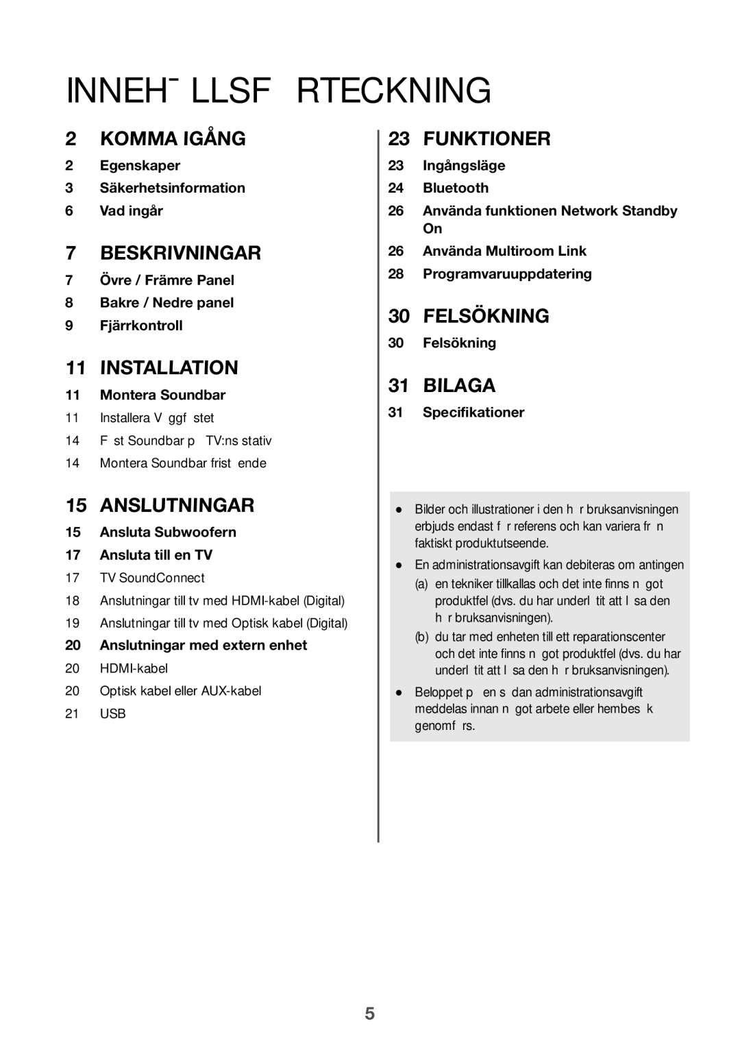 Samsung HW-J6510/XE, HW-J6511/XE manual Innehållsförteckning, HDMI-kabel Optisk kabel eller AUX-kabel 21 USB 