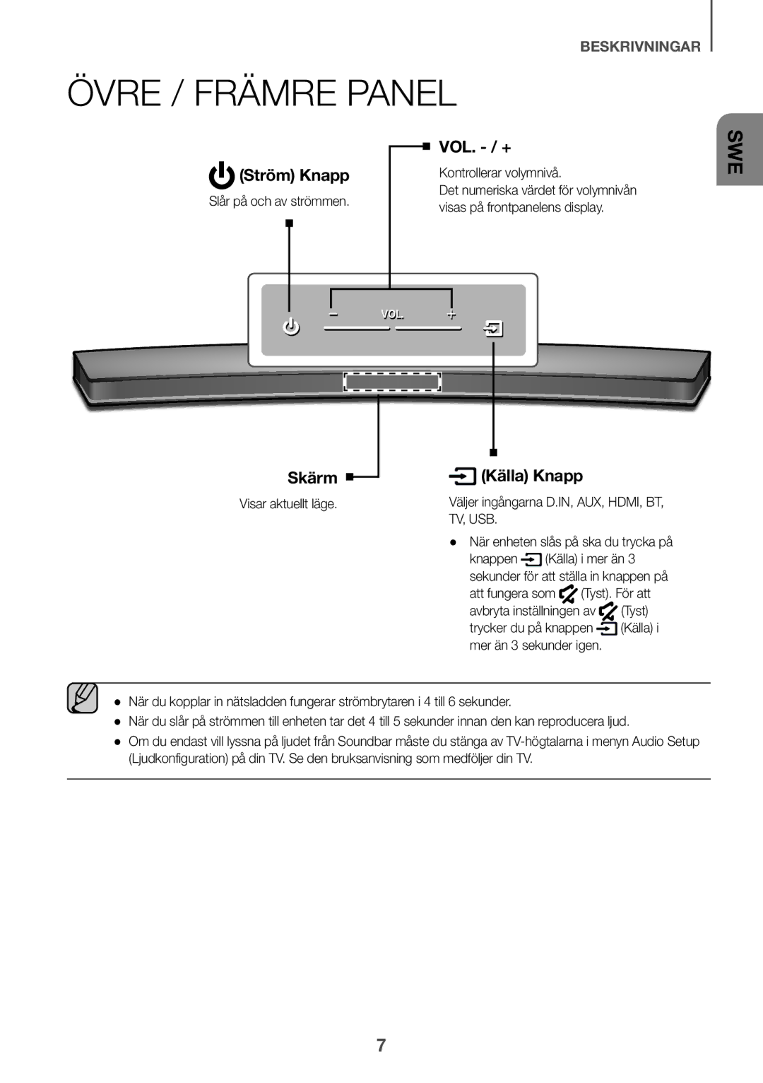 Samsung HW-J6510/XE, HW-J6511/XE manual Övre / Främre Panel, Kontrollerar volymnivå, Visas på frontpanelens display 