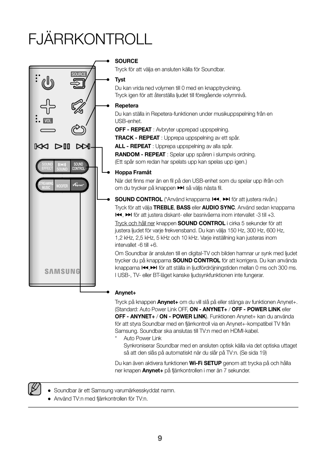 Samsung HW-J6510/XE manual Fjärrkontroll, Tryck för att välja en ansluten källa för Soundbar, Tyst, Repetera, Hoppa Framåt 