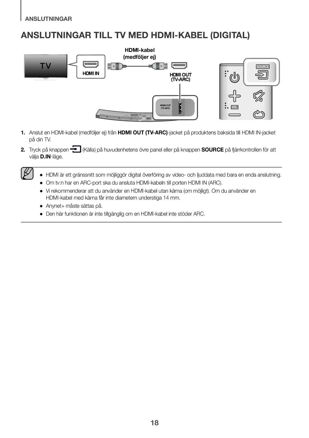 Samsung HW-J6511/XE, HW-J6510/XE manual Anslutningar Till TV MED HDMI-KABEL Digital, Välja D.IN-läge 