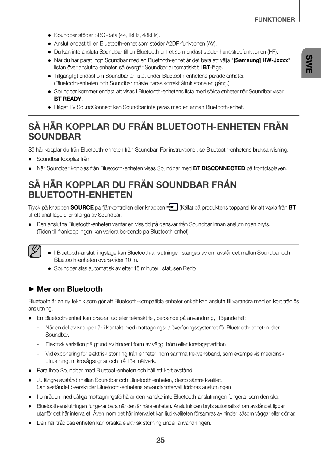 Samsung HW-J6510/XE, HW-J6511/XE manual SÅ HÄR Kopplar DU Från BLUETOOTH-ENHETEN Från Soundbar, ++Mer om Bluetooth 