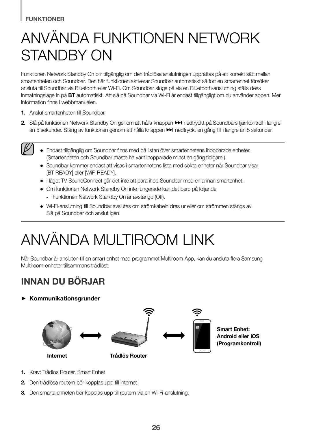 Samsung HW-J6511/XE, HW-J6510/XE manual Använda Funktionen Network Standby on, Använda Multiroom Link, Innan DU Börjar 