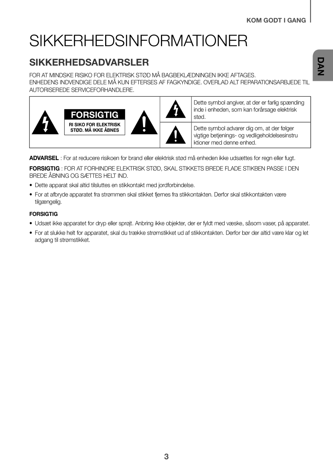 Samsung HW-J6510/XE, HW-J6511/XE manual Sikkerhedsinformationer, Sikkerhedsadvarsler 