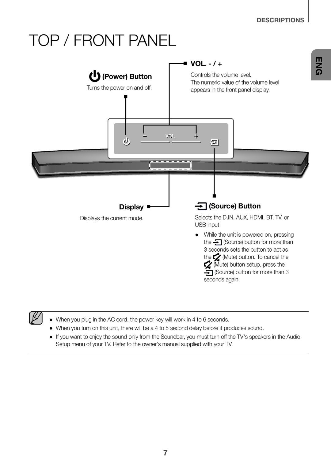 Samsung HW-J6510/XE, HW-J6511/XE manual Turns the power on and off, Controls the volume level, Displays the current mode 