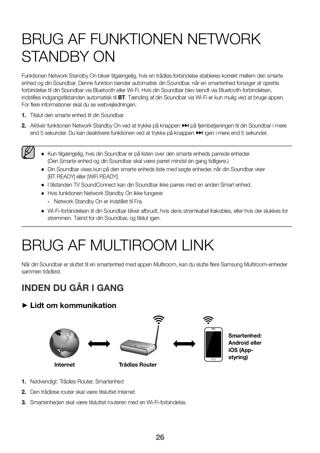 Samsung HW-J6511/XE, HW-J6510/XE manual Brug AF Funktionen Network Standby on, Brug AF Multiroom Link, Inden DU GÅR I Gang 