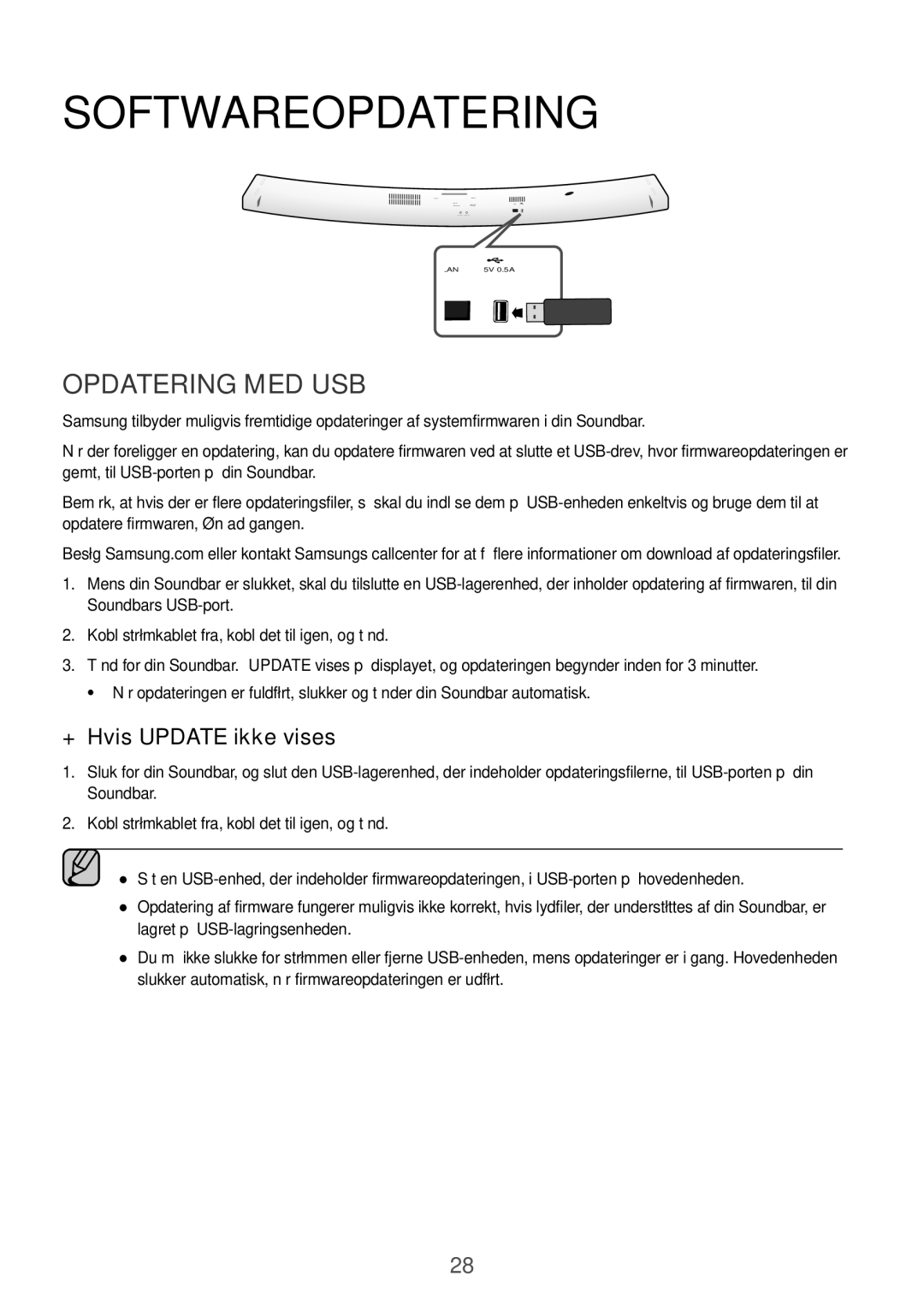 Samsung HW-J6511/XE, HW-J6510/XE manual Softwareopdatering, Opdatering MED USB, ++Hvis Update ikke vises 