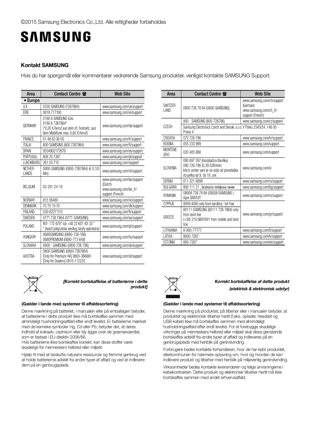 Samsung HW-J6511/XE, HW-J6510/XE manual Kontakt Samsung, Gælder i lande med systemer til affaldssortering 