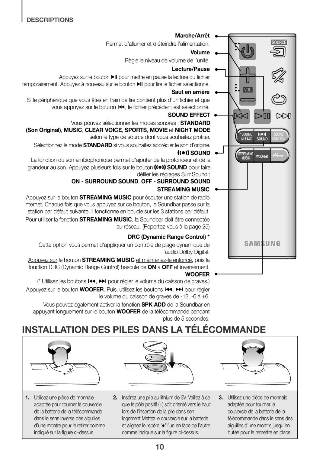 Samsung HW-J651/ZF manual Installation DES Piles Dans LA Télécommande, Marche/Arrêt, Volume 